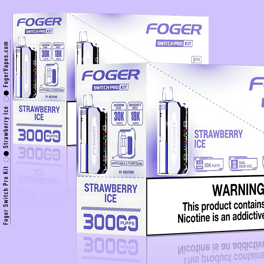 Foger Switch Pro Kit - Strawberry Ice in a 10 pack, designed for long-lasting enjoyment with 30K puffs per pod. Featuring dual mesh coils, adjustable airflow, and an OLED smart screen, each device contains 5% nicotine, offering a sweet, fruity strawberry flavor combined with an icy cool hit, perfect for any vaping enthusiast.