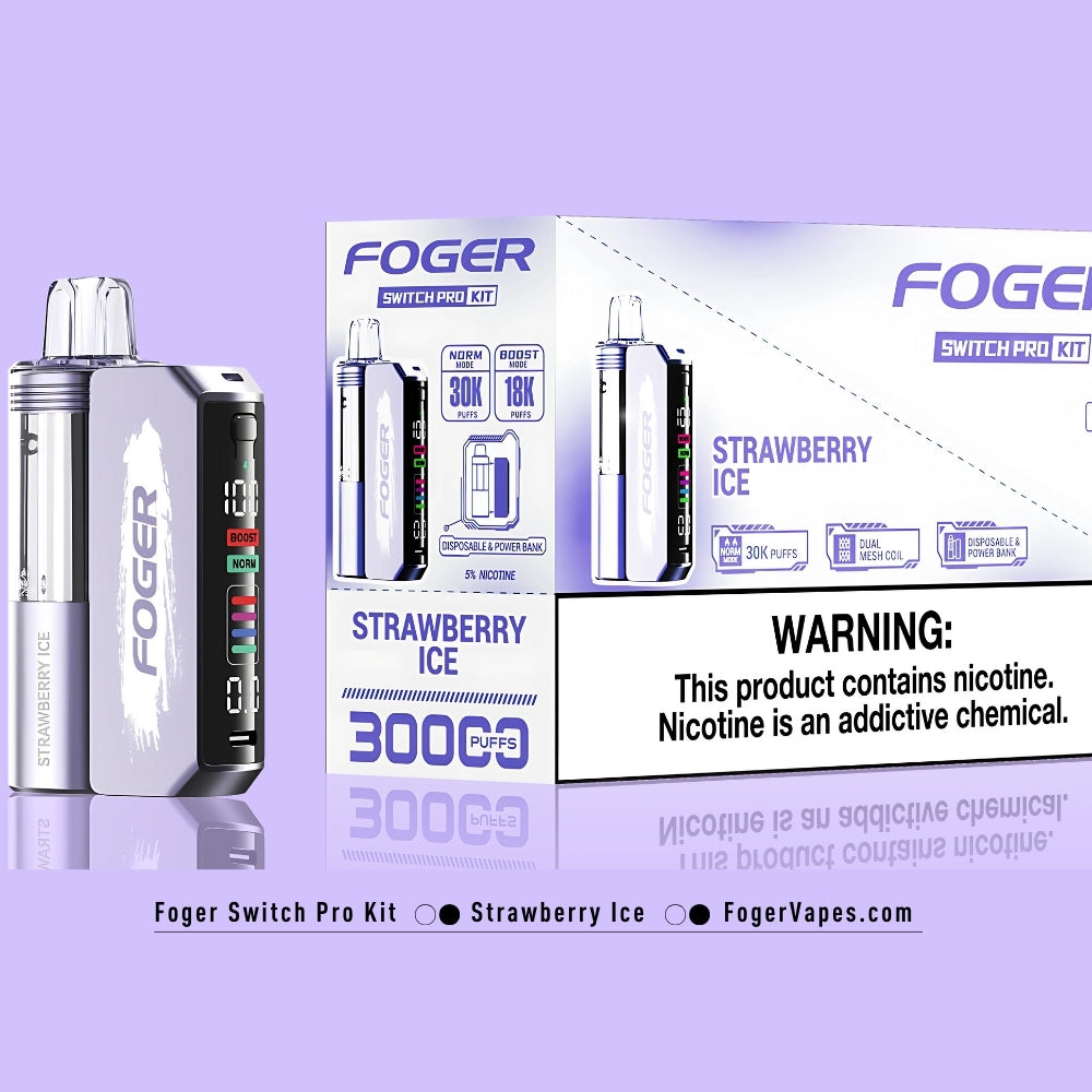 Foger Switch Pro Kit - Strawberry Ice, available in a 5 pack with 30K puffs per device. Each device includes dual mesh coils, adjustable airflow, and an OLED display. With 5% nicotine, it delivers the perfect balance of sweet strawberry flavor and a refreshing ice coolness, making it a great choice for those who love a chilling vape.