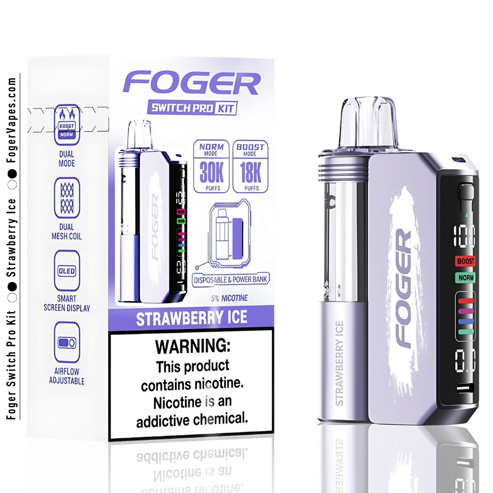 Foger Switch Pro Kit - Strawberry Ice, offering 30K puffs in a single pack. The kit features dual mesh coils for a superior vaping experience, adjustable airflow, OLED smart screen display, and 5% nicotine. Perfect for those who enjoy the sweet and refreshing taste of strawberry with a cool ice finish for a smooth inhale.