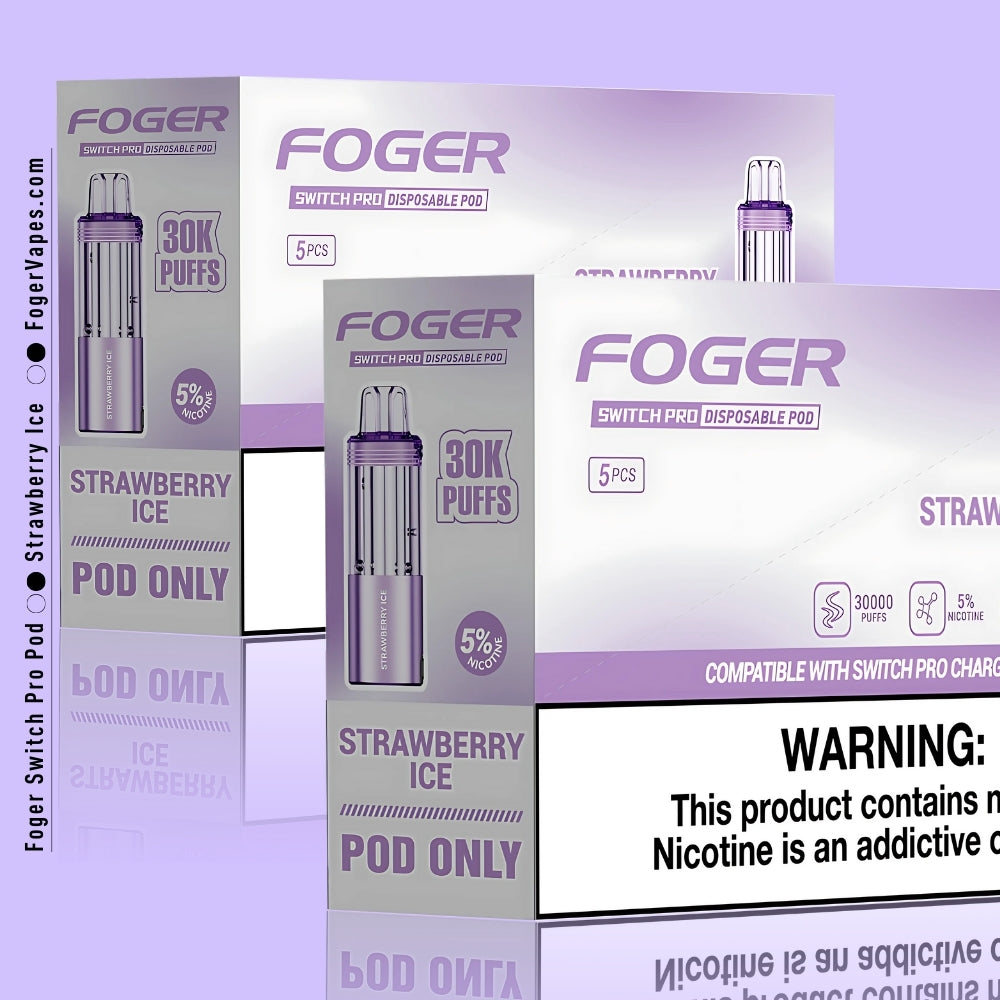 Foger Switch Pro Strawberry Ice Disposable Pod 10-Pack with 30,000 puffs per pod, 5% nicotine content, dual mesh coil technology, and a sleek purple design. Compatible with Switch Pro charging devices, offering a refreshing Strawberry Ice flavor.