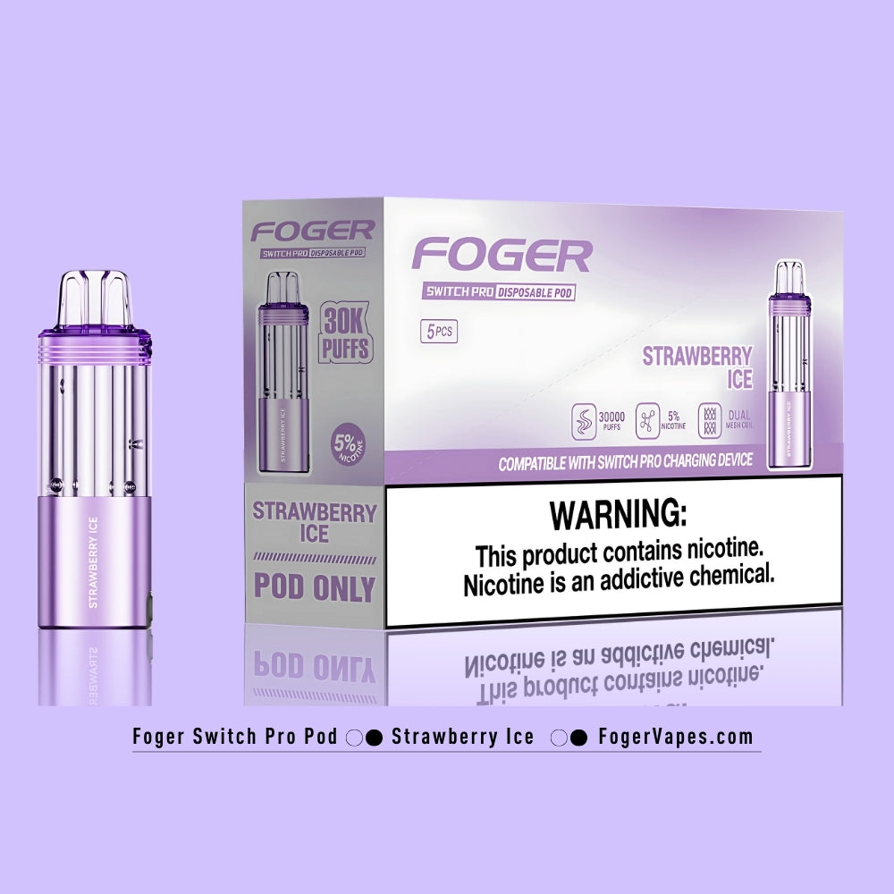 Foger Switch Pro Strawberry Ice Disposable Pod 5-Pack featuring 30,000 puffs per pod, dual mesh coil technology, 5% nicotine strength, and compatibility with Switch Pro charging devices. Vibrant purple design offering a premium Strawberry Ice vaping experience.