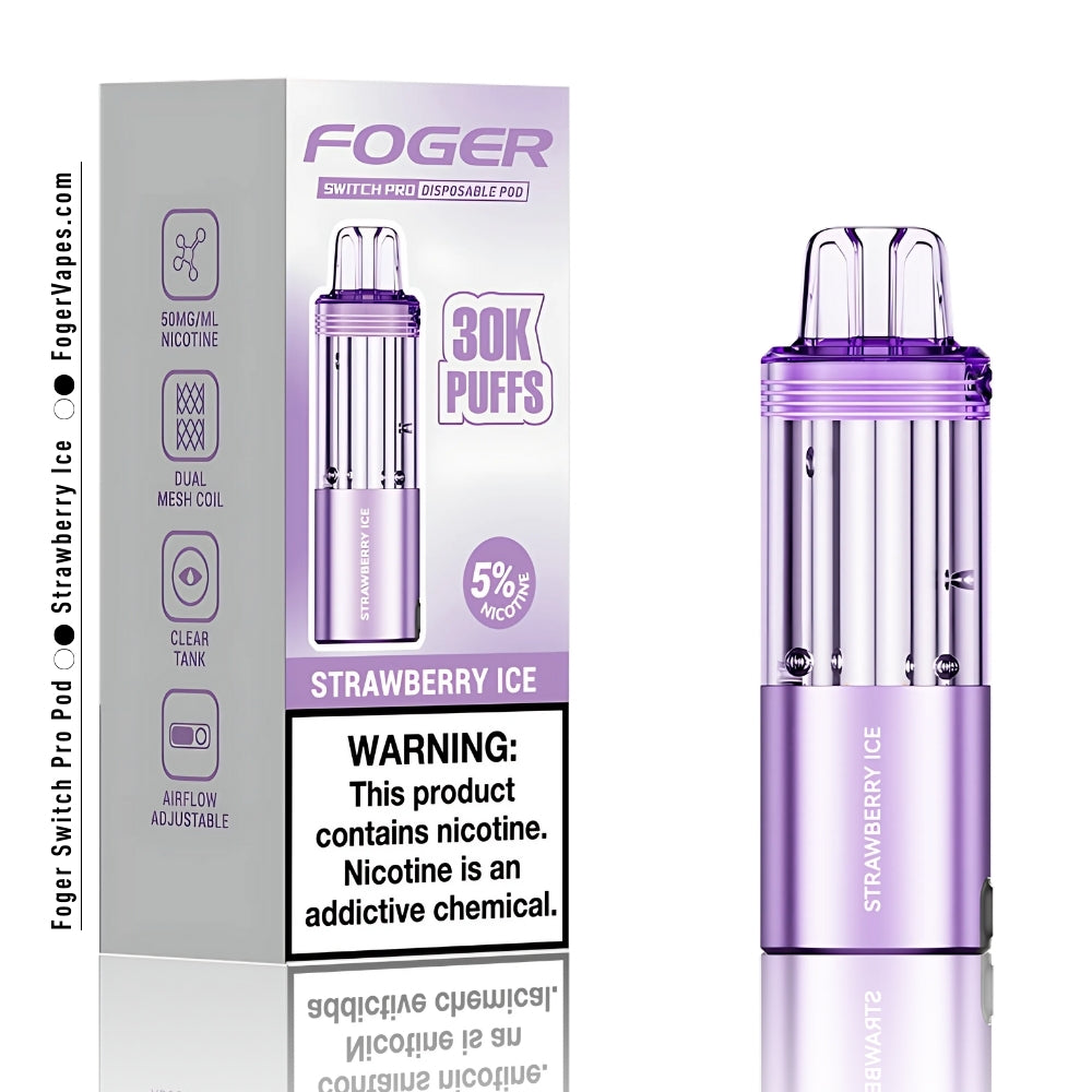 Foger Switch Pro Strawberry Ice 30,000 Puffs Disposable Pod featuring a sleek purple design, dual mesh coil technology, adjustable airflow, clear tank, and 5% nicotine. Compatible with Switch Pro charging devices. Premium vaping experience with Strawberry Ice flavor.