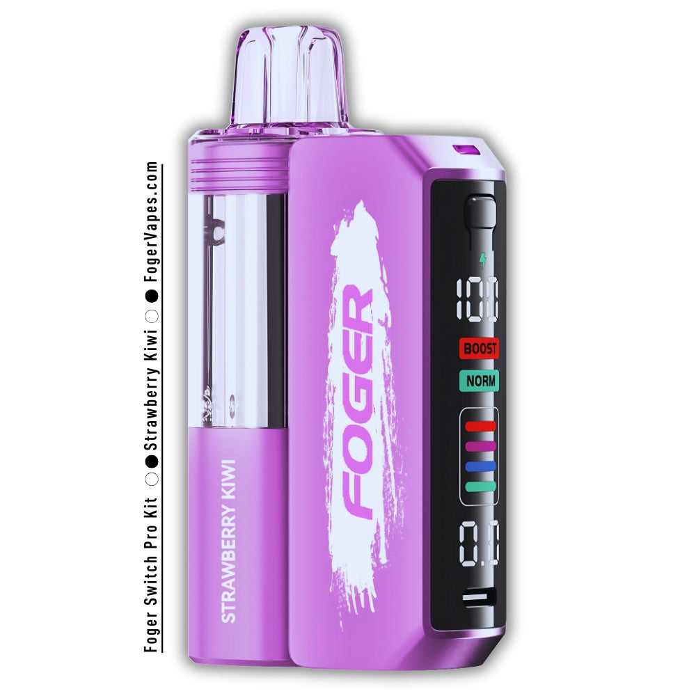 Foger Switch Pro 30K Puffs Disposable Strawberry Kiwi featuring a stylish purple body with white branding, a transparent tank showcasing vaping liquid, and a digital display with Boost and Normal puff modes, designed for an exceptional vaping experience.