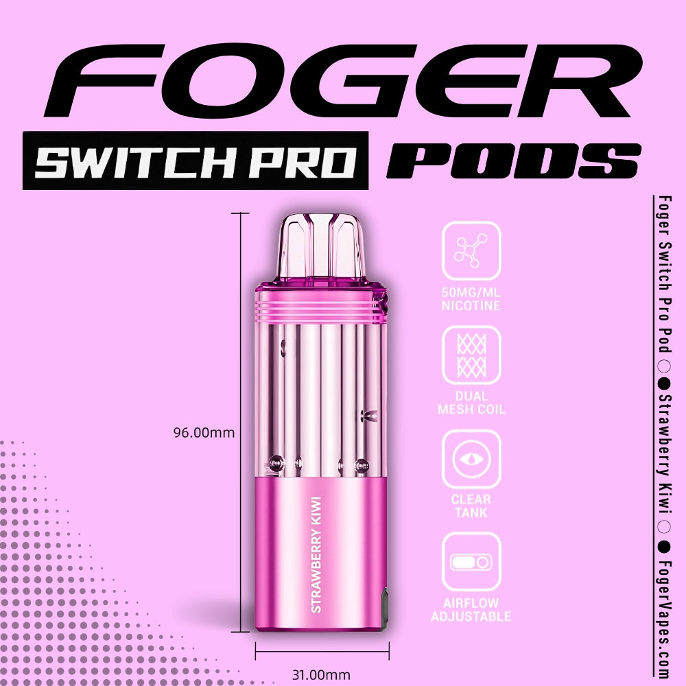 Foger Switch Pro Pod in Strawberry Kiwi flavor, featuring a sleek pink design with a clear tank, dual mesh coil for enhanced vapor production, adjustable airflow, and 50mg/ml nicotine strength. Dimensions (96mm x 31mm) and key features are highlighted against a soft pink background with stylish branding.