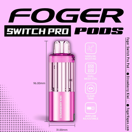 Foger Switch Pro Pod in Strawberry Kiwi flavor, featuring a sleek pink design with a clear tank, dual mesh coil for enhanced vapor production, adjustable airflow, and 50mg/ml nicotine strength. Dimensions (96mm x 31mm) and key features are highlighted against a soft pink background with stylish branding.