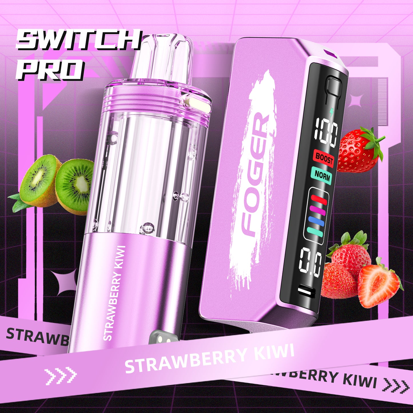 Foger Switch Pro Pod in Strawberry Kiwi flavor, complemented by the stylish Foger Switch Pro Kit. With a striking purple design and vibrant fruit imagery, this device delivers up to 30K puffs, combining exquisite flavor and cutting-edge technology for an exceptional vaping experience.