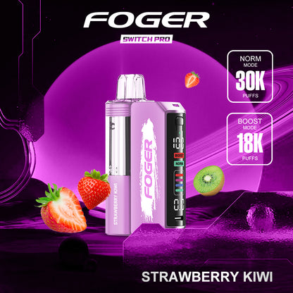 Foger Switch Pro Kit - Strawberry Kiwi, featuring a combination of sweet strawberry and tangy kiwi flavors. The device is shown in purple with kiwi and strawberry graphics, providing a fruity and refreshing vape experience with 30K puffs.