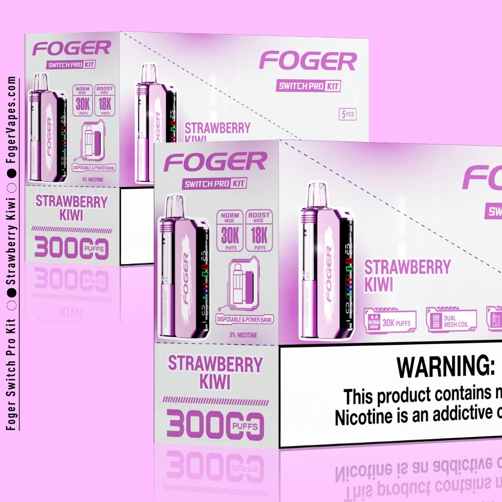 Foger Switch Pro Kit - Strawberry Kiwi in a 10 pack, designed for long-lasting enjoyment with 30K puffs per pod. Featuring dual mesh coils, adjustable airflow, and an OLED smart screen, each device contains 5% nicotine, offering a mouthwatering combination of strawberry and kiwi flavors that refresh with every puff.