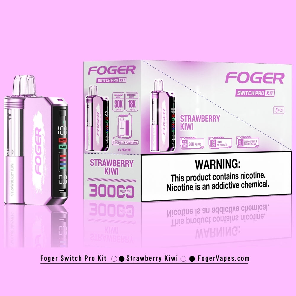 Foger Switch Pro Kit - Strawberry Kiwi, available in a 5 pack with 30K puffs per device. Each device includes dual mesh coils, adjustable airflow, and an OLED display. With 5% nicotine, it delivers the perfect blend of sweet strawberries and tangy kiwi, perfect for those who enjoy fruity and refreshing vapes.