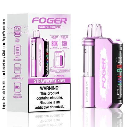 Foger Switch Pro Kit - Strawberry Kiwi, offering 30K puffs in a single pack. The kit features dual mesh coils for a superior vaping experience, adjustable airflow, OLED smart screen display, and 5% nicotine. Ideal for those seeking a balanced mix of sweet strawberry and tropical kiwi flavors with a refreshing finish.