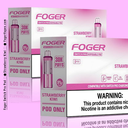 Foger Switch Pro Strawberry Kiwi Disposable Pod 10-Pack featuring 30,000 puffs per pod, sleek pink design, 5% nicotine strength, dual mesh coil, clear tank, and adjustable airflow. Ideal for delivering a fruity Strawberry Kiwi vaping experience, compatible with Switch Pro charging device.