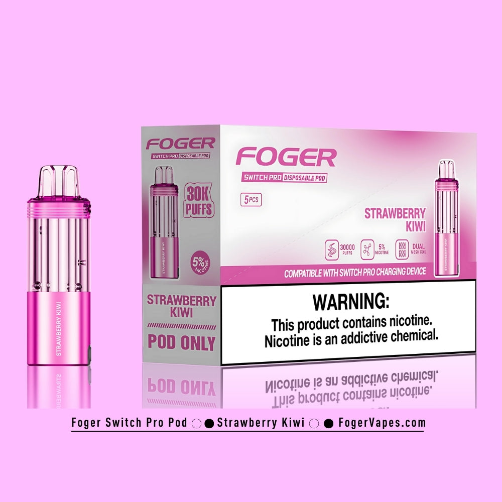 Foger Switch Pro Strawberry Kiwi Disposable Pod 5-Pack with 30,000 puffs per pod, vibrant pink design, 5% nicotine strength, dual mesh coil, clear tank, and airflow adjustability. Compatible with Switch Pro charging device, delivering a premium Strawberry Kiwi vaping experience.