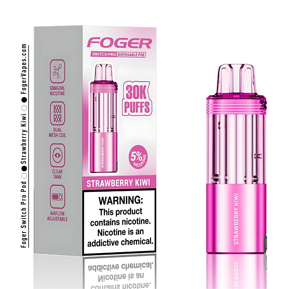 Foger Switch Pro Strawberry Kiwi Disposable Pod with 30,000 puffs capacity, featuring a vibrant pink design, 5% nicotine, dual mesh coil technology, clear tank, and adjustable airflow for enhanced vaping experience. Perfect for lovers of sweet and tangy Strawberry Kiwi flavors.