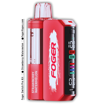 Foger Switch Pro 30K Puffs Disposable Watermelon Ice featuring a bold red body with white branding, a transparent liquid tank, and a digital display with Boost and Normal puff modes, delivering a cool and refreshing watermelon-flavored vaping experience.