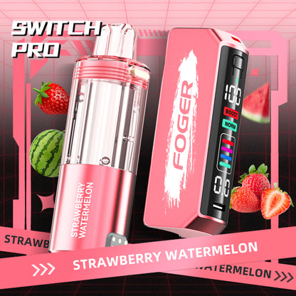 Foger Switch Pro Pod in Strawberry Watermelon flavor, displayed alongside the sleek Foger Switch Pro Kit. Featuring a vivid pink aesthetic with fruit accents, this vaping device offers 30K puffs, premium flavor infusion, and advanced functionality. A perfect blend of style and superior vaping experience.