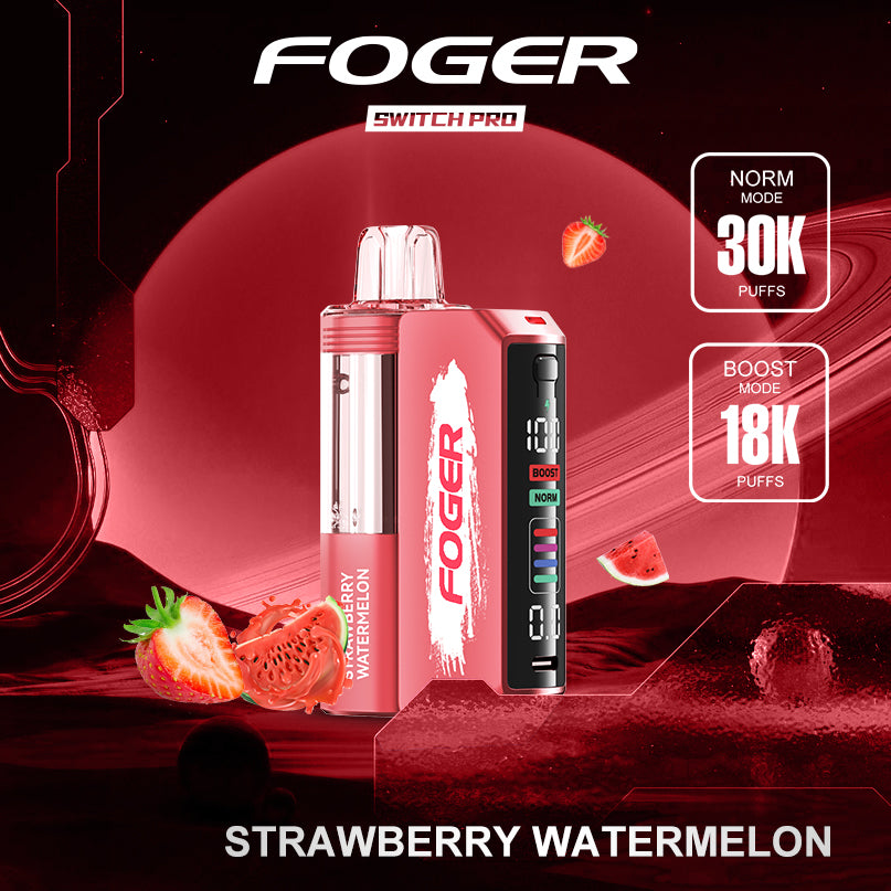 Foger Switch Pro Kit - Strawberry Watermelon, with a refreshing fruity mix of strawberry and watermelon flavors. The device displays a red theme with watermelon and strawberry illustrations, offering up to 30K puffs of fruity enjoyment.