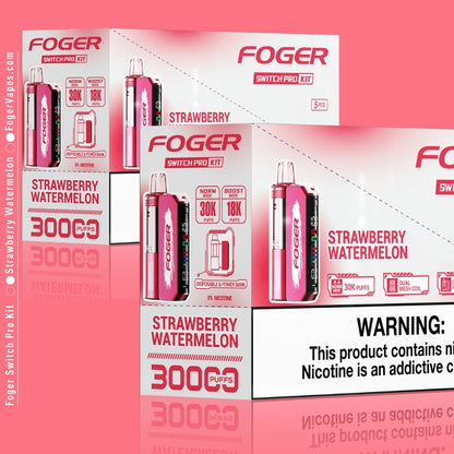 Foger Switch Pro Kit - Strawberry Watermelon in a 10 pack, designed for long-lasting enjoyment with 30K puffs per pod. Featuring dual mesh coils, adjustable airflow, and an OLED smart screen, each device contains 5% nicotine, offering a sweet and refreshing blend of strawberry and watermelon flavors with every puff.