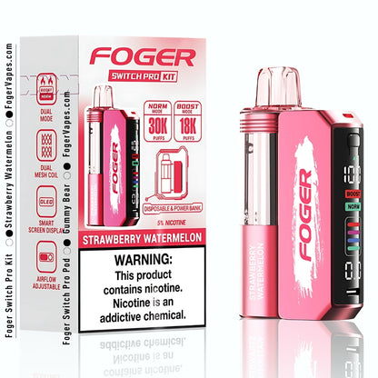 Foger Switch Pro Kit - Strawberry Watermelon, offering 30K puffs in a single pack. The kit features dual mesh coils for a superior vaping experience, adjustable airflow, OLED smart screen display, and 5% nicotine. Ideal for those seeking a sweet and juicy strawberry flavor balanced with a refreshing watermelon finish.