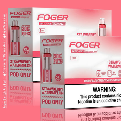 The image showcases the Foger Switch Pro Strawberry Watermelon Disposable Pod in a 10-pack configuration. The design emphasizes the 30,000-puff capacity and 5% nicotine content. The packaging highlights "Pod Only" and compatibility with the Switch Pro charging device, with a clear nicotine warning prominently displayed.