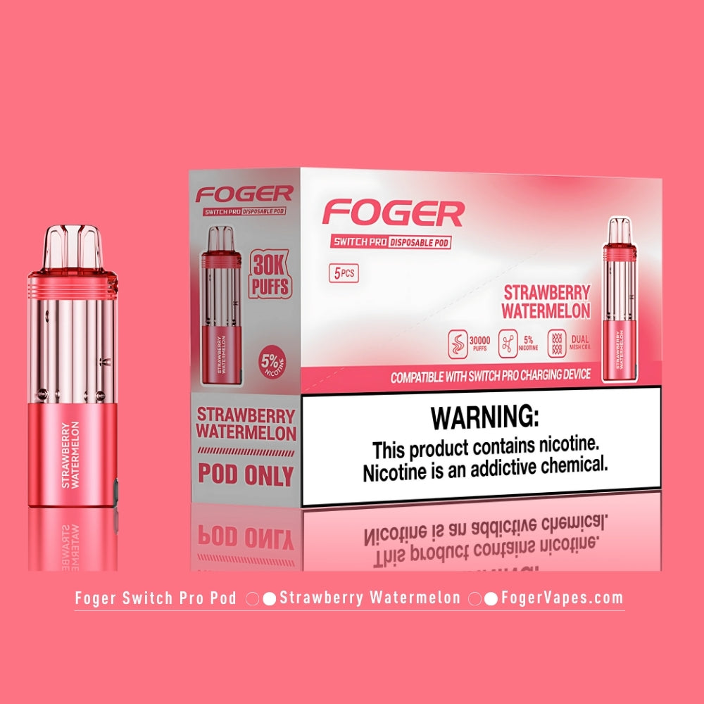 Foger Switch Pro Strawberry Watermelon Disposable Pod with 30,000 puffs, vibrant red design, 5% nicotine, dual mesh coil, clear tank, and adjustable airflow. Perfect for a refreshing Strawberry Watermelon vaping experience, part of the Switch Pro series.