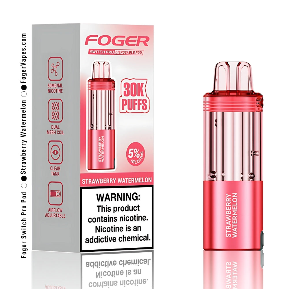 Foger Switch Pro Strawberry Watermelon Disposable Pod with 30,000 puffs, vibrant red design, 5% nicotine, dual mesh coil, clear tank, and adjustable airflow. Perfect for a refreshing Strawberry Watermelon vaping experience, part of the Switch Pro series.