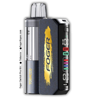 Foger Switch Pro Kit device in Tobacco flavor, featuring a sleek design with a gold logo on the front panel. Includes a smart OLED screen displaying Boost and Norm modes, battery life indicators, and colorful power settings. Highlights adjustable airflow, dual mesh coil technology, and disposable functionality with 5% nicotine content.