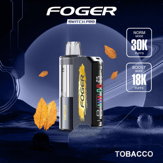 Foger Switch Pro Kit device in tobacco flavor, featuring a sleek design with a gold logo on the front panel. Includes a smart OLED screen displaying Boost and Normal modes 30k, 18k Puffs, battery life indicators, and colorful power settings. Highlights adjustable airflow, dual mesh coil technology, and disposable functionality with 5% nicotine content.