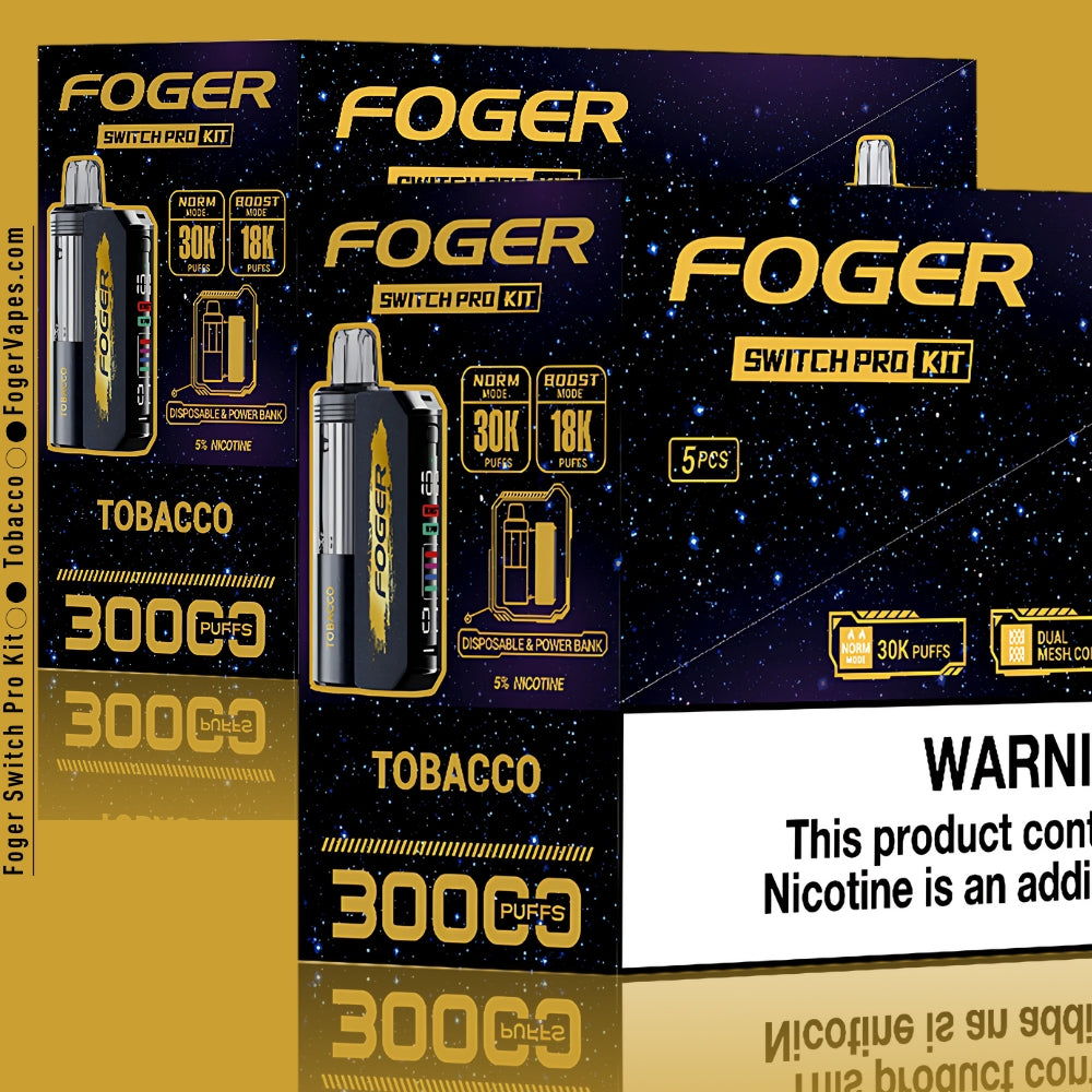 Foger Switch Pro Kit 10-pack of tobacco flavor. Features include dual mode options (Norm: 30,000 puffs and Boost: 18,000 puffs), dual mesh coil, OLED smart screen display, adjustable airflow, and 5% nicotine. The packaging emphasizes disposable and power bank usability, with 3000 puffs per unit prominently displayed.