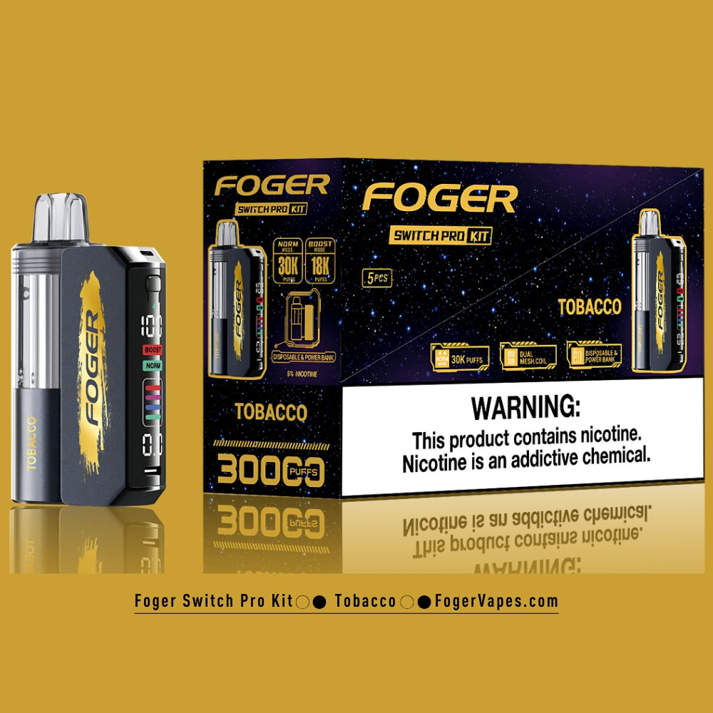 Foger Switch Pro Kit 5-pack of tobacco flavor. Highlights dual mode functionality (Norm: 30,000 puffs and Boost: 18,000 puffs), dual mesh coil, OLED smart screen display, adjustable airflow, and 5% nicotine content. Each pack is labeled for 3000 puffs and includes disposable and power bank capabilities.