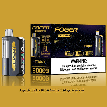 Foger Switch Pro Kit 5-pack of tobacco flavor. Highlights dual mode functionality (Norm: 30,000 puffs and Boost: 18,000 puffs), dual mesh coil, OLED smart screen display, adjustable airflow, and 5% nicotine content. Each pack is labeled for 3000 puffs and includes disposable and power bank capabilities.