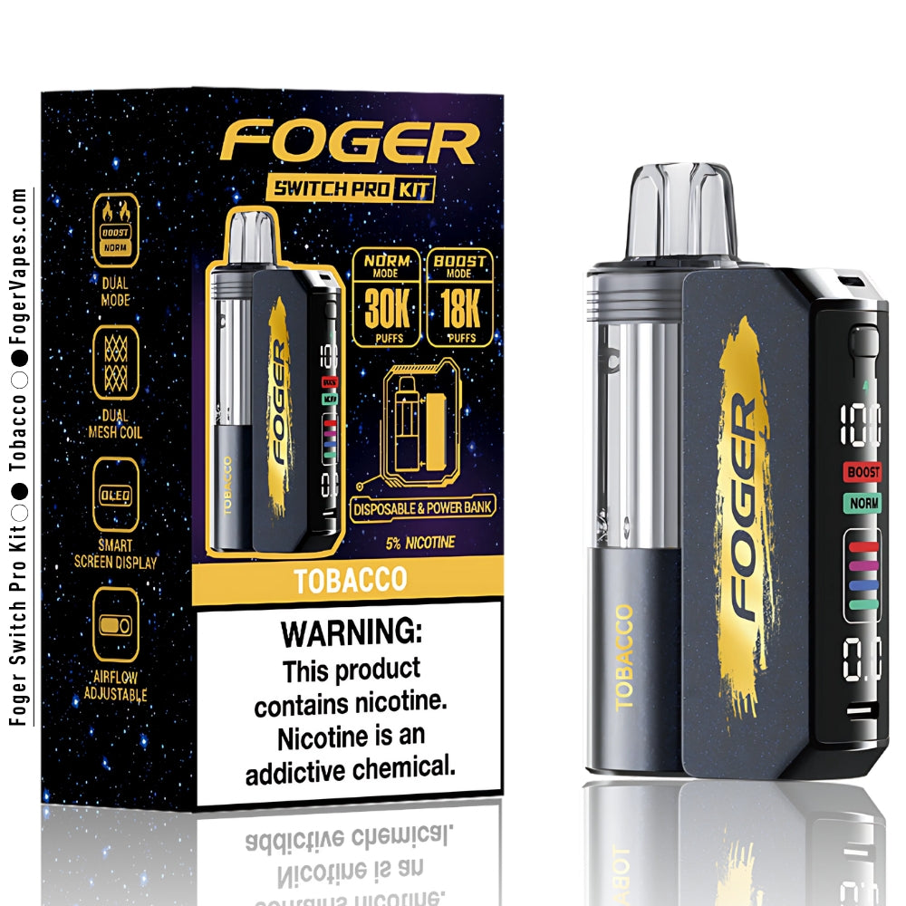 Foger Switch Pro Kit single pack, showcasing the tobacco flavor. Features include dual mode (Norm: 30,000 puffs and Boost: 18,000 puffs), dual mesh coil, smart screen display, adjustable airflow, and 5% nicotine content. The packaging highlights disposable and power bank functionality.