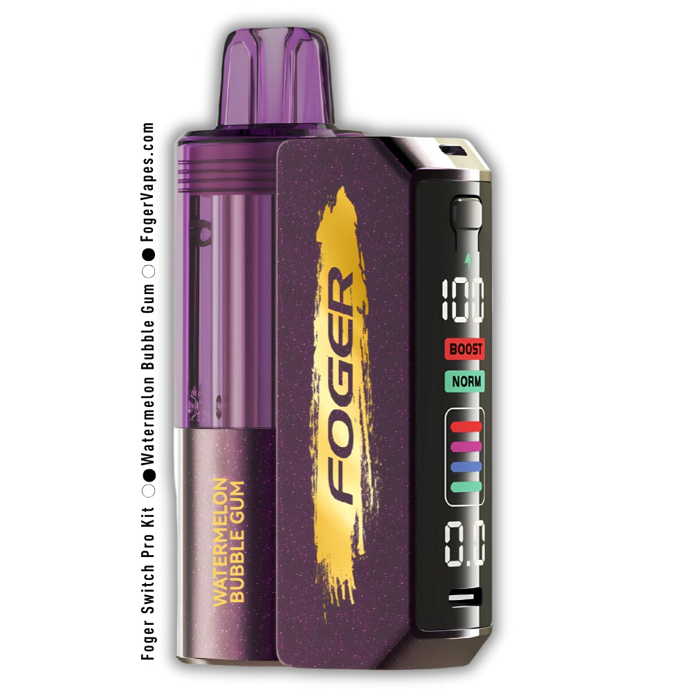 Foger Switch Pro Kit 30K device in Watermelon Bubble Gum flavor, designed with a purple transparent tank and gold logo. Features an OLED smart screen displaying Boost and Norm modes, battery life indicators, and customizable power levels. Includes dual mesh coil technology, adjustable airflow, and 5% nicotine content.