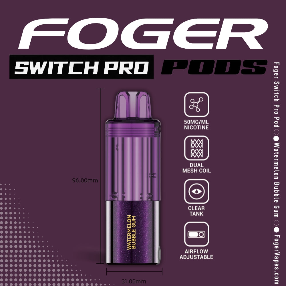 Foger Switch Pro Pod in Watermelon Bubble Gum flavor, showcasing product dimensions (96mm x 31mm). Features include 50mg, nicotine concentration, dual mesh coil technology, clear tank, and adjustable airflow for use with the Switch Pro device.