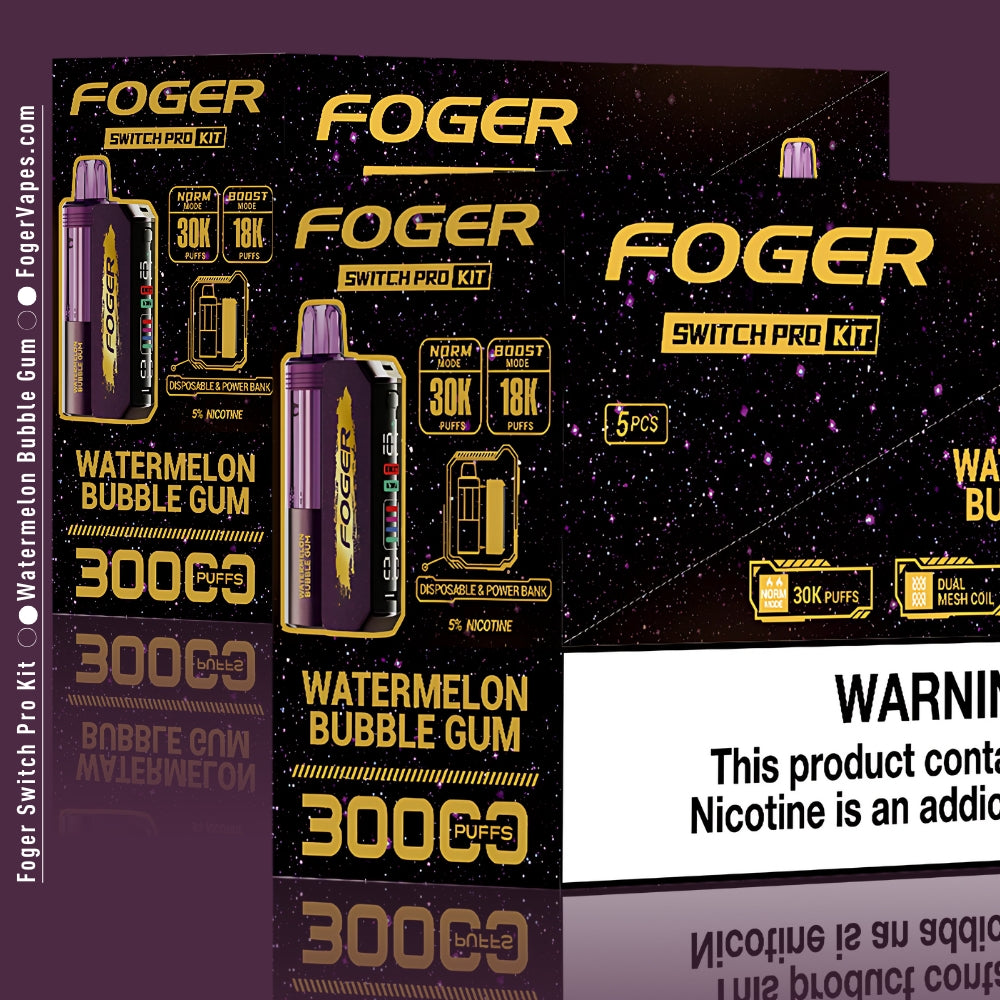 Foger Switch Pro Kit 10-pack in Watermelon Bubble Gum flavor, featuring a vibrant purple design and dual mode functionality (Norm: 30,000 puffs and Boost: 18,000 puffs). Highlights include adjustable airflow, dual mesh coil, smart OLED display, and 5% nicotine content, emphasizing disposable and power bank features.