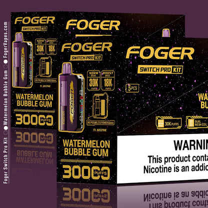 Foger Switch Pro Kit 10-pack in Watermelon Bubble Gum flavor, featuring a vibrant purple design and dual mode functionality (Norm: 30,000 puffs and Boost: 18,000 puffs). Highlights include adjustable airflow, dual mesh coil, smart OLED display, and 5% nicotine content, emphasizing disposable and power bank features.