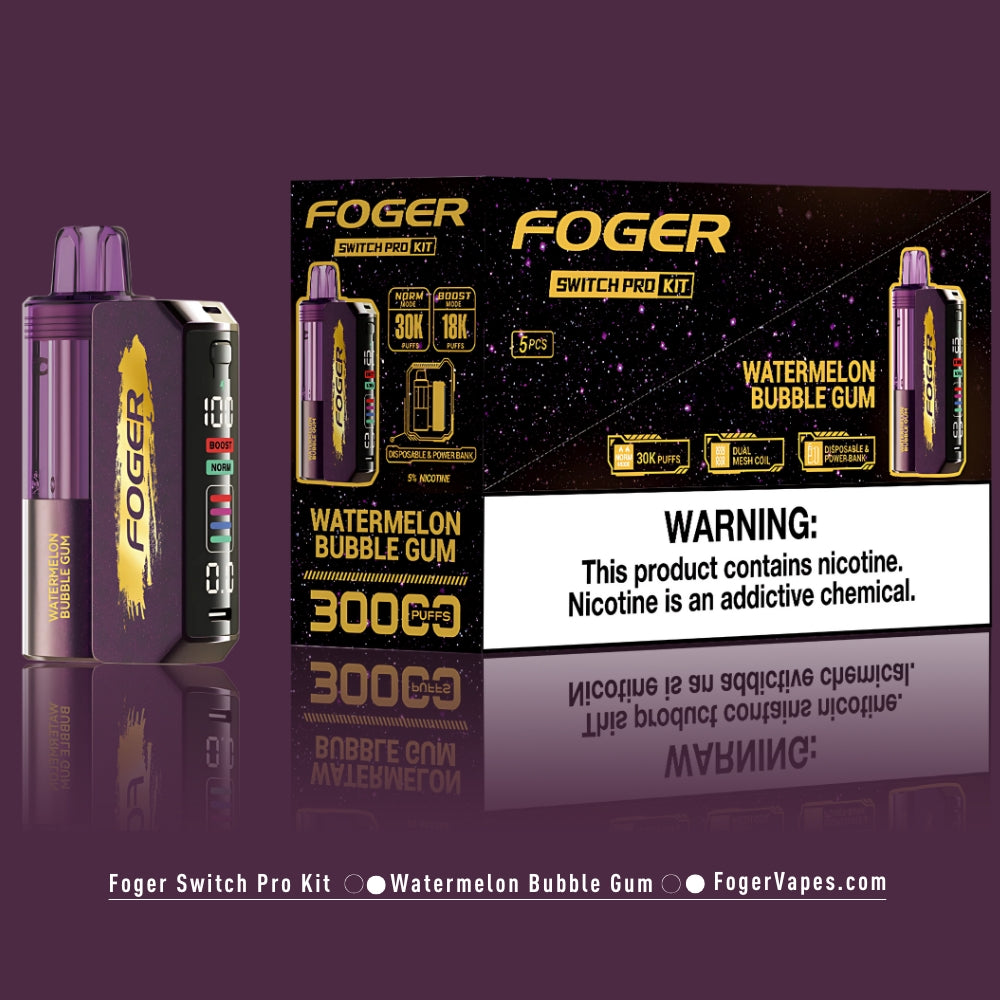 Foger Switch Pro Kit 5-pack in Watermelon Bubble Gum flavor. Features dual mode options (Norm: 30,000 puffs and Boost: 18,000 puffs), dual mesh coil technology, and adjustable airflow. The packaging showcases 3000 puffs per unit, OLED screen display, and 5% nicotine content, with disposable and power bank integration.