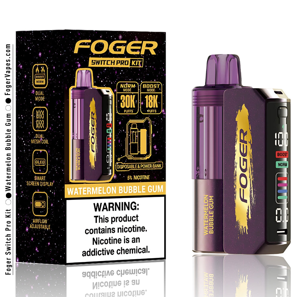 Foger Switch Pro Kit single pack in Watermelon Bubble Gum flavor, featuring dual mode functionality (Norm: 30,000 puffs and Boost: 18,000 puffs). Highlights dual mesh coil technology, OLED smart screen, adjustable airflow, and 5% nicotine. Packaging emphasizes disposable and power bank capabilities.