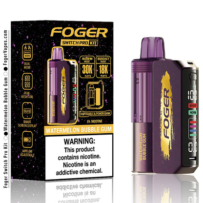 Foger Switch Pro Kit single pack in Watermelon Bubble Gum flavor, featuring dual mode functionality (Norm: 30,000 puffs and Boost: 18,000 puffs). Highlights dual mesh coil technology, OLED smart screen, adjustable airflow, and 5% nicotine. Packaging emphasizes disposable and power bank capabilities.