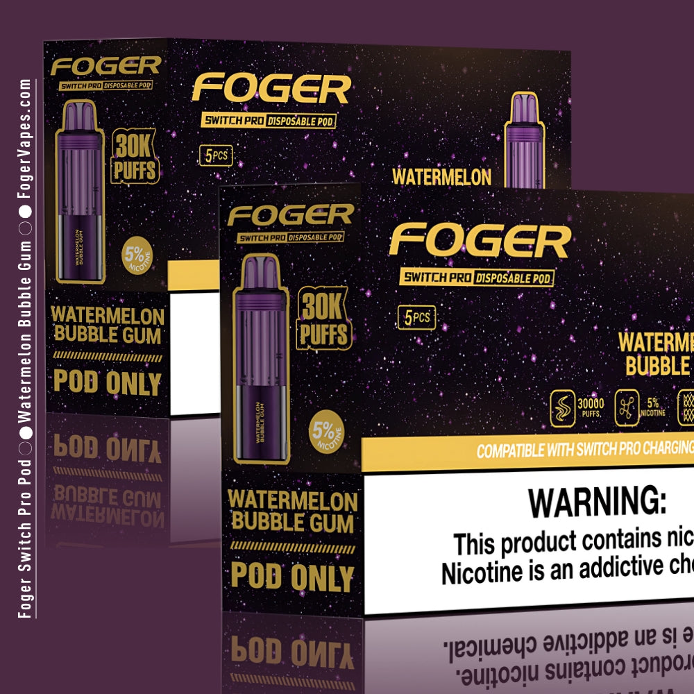 Foger Switch Pro Disposable Pod 10-pack in Watermelon Bubble Gum flavor, featuring a purple design and a capacity of 30,000 puffs per pod. Includes 5% nicotine, dual mesh coil technology, adjustable airflow, and compatibility with Switch Pro devices for enhanced vaping convenience.