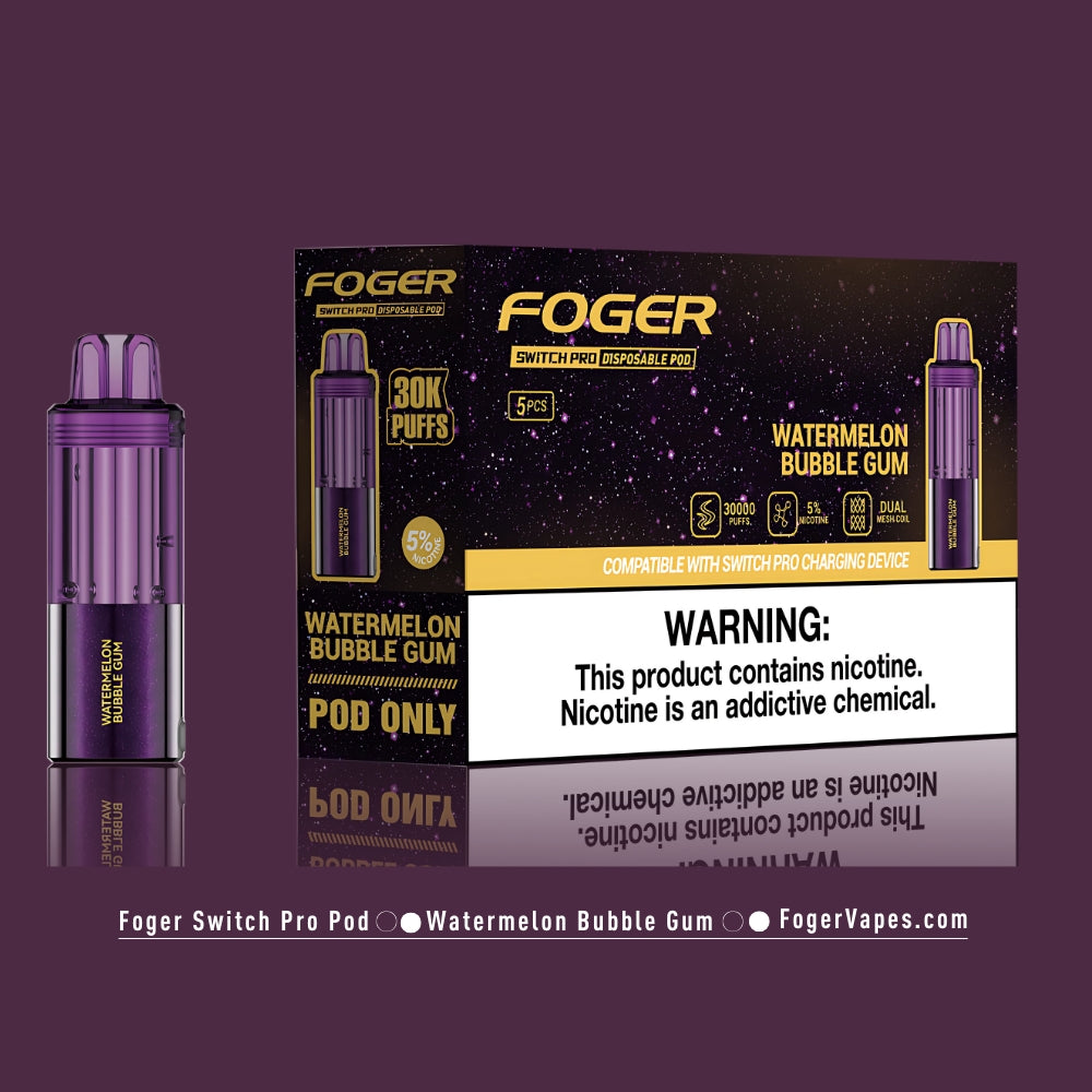 Foger Switch Pro Disposable Pod 5-pack in Watermelon Bubble Gum flavor, designed for use with Switch Pro devices. Highlights include a 30,000 puffs capacity per pod, 5% nicotine content, dual mesh coil technology, adjustable airflow, and a clear tank design.