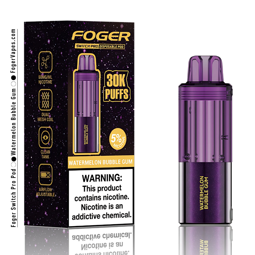 Foger Switch Pro Pod 30K in Watermelon Bubble Gum flavor, showcasing product dimensions (96mm x 31mm). Features include 50mg/ml nicotine concentration, dual mesh coil technology, clear tank, and adjustable airflow for use with the Switch Pro device.