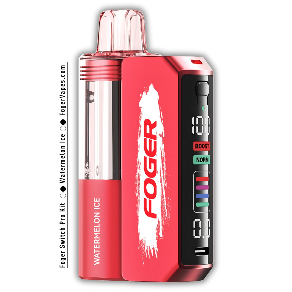 Foger Switch Pro 30K Puffs Disposable Watermelon Ice featuring a bold red body with white branding, a transparent liquid tank, and a digital display with Boost and Normal puff modes, offering a refreshing and fruity vaping experience.