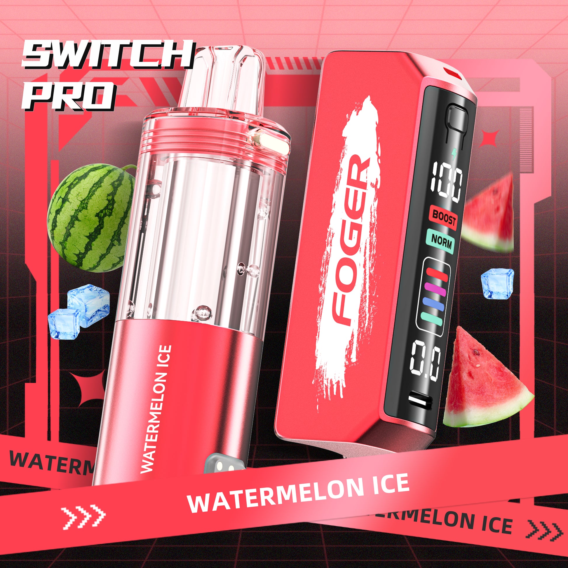 Experience the ultimate vaping satisfaction with the Foger Switch Pro Kit in Watermelon Ice flavor. Boasting a vibrant red design, transparent tank, and advanced LED display, this kit combines style and innovation. Delivering a crisp watermelon flavor with a refreshing icy finish, enjoy up to 30K Puffs of smooth, premium performance.