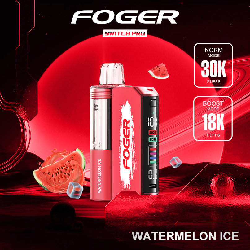 Foger Switch Pro Kit - Watermelon Ice, offering a cool, refreshing watermelon flavor with icy notes. The device is shown in a red color with watermelon and ice cube illustrations, providing a chilled watermelon vaping experience with 30K puffs.