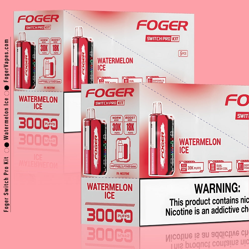 Foger Switch Pro Kit - Watermelon Ice in a 10 pack, designed for long-lasting enjoyment with 30K puffs per pod. Featuring dual mesh coils, adjustable airflow, and an OLED smart screen, each device contains 5% nicotine, offering a sweet watermelon flavor enhanced by an icy, refreshing finish with every puff.