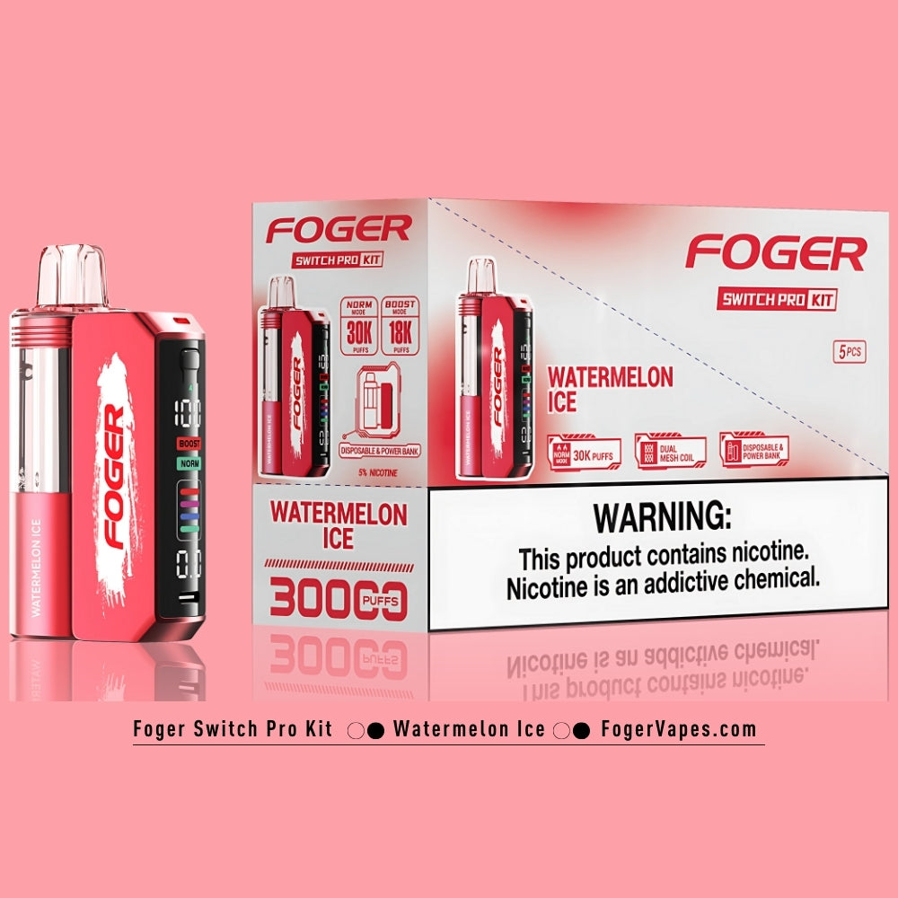 Foger Switch Pro Kit - Watermelon Ice, available in a 5 pack with 30K puffs per device. Each device includes dual mesh coils, adjustable airflow, and an OLED display. With 5% nicotine, it delivers the perfect blend of sweet watermelon and a cooling ice sensation, perfect for those who enjoy a crisp, refreshing vape.