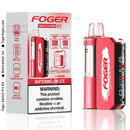 Foger Switch Pro Kit - Watermelon Ice, offering 30K puffs in a single pack. The kit features dual mesh coils for a superior vaping experience, adjustable airflow, OLED smart screen display, and 5% nicotine. Ideal for those seeking a sweet watermelon flavor with a cool, refreshing icy finish.