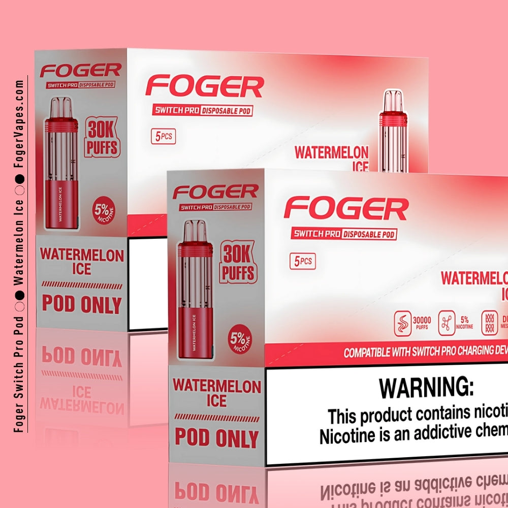 This image highlights the Foger Switch Pro Watermelon Ice Disposable Pod in a 10-pack box. The packaging underscores its features, including a massive 30,000-puff capacity and 5% nicotine strength. It prominently displays key product details like the dual mesh coil for enhanced flavor, adjustable airflow, and a transparent tank for monitoring e-liquid levels. The packaging also emphasizes compatibility with the Switch Pro charging device and includes a nicotine warning for consumer safety. The design is sle