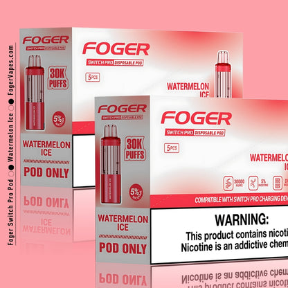 This image highlights the Foger Switch Pro Watermelon Ice Disposable Pod in a 10-pack box. The packaging underscores its features, including a massive 30,000-puff capacity and 5% nicotine strength. It prominently displays key product details like the dual mesh coil for enhanced flavor, adjustable airflow, and a transparent tank for monitoring e-liquid levels. The packaging also emphasizes compatibility with the Switch Pro charging device and includes a nicotine warning for consumer safety. The design is sle