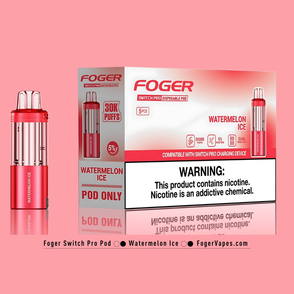 This image showcases the Foger Switch Pro Watermelon Ice Disposable Pod in a 5-pack box. The packaging highlights its impressive 30,000-puff capacity and 5% nicotine content. Key features like a dual mesh coil, adjustable airflow, and a clear tank enhance the vaping experience. A prominent nicotine warning ensures consumer safety. The design also emphasizes compatibility with the Switch Pro charging device, adding to its convenience